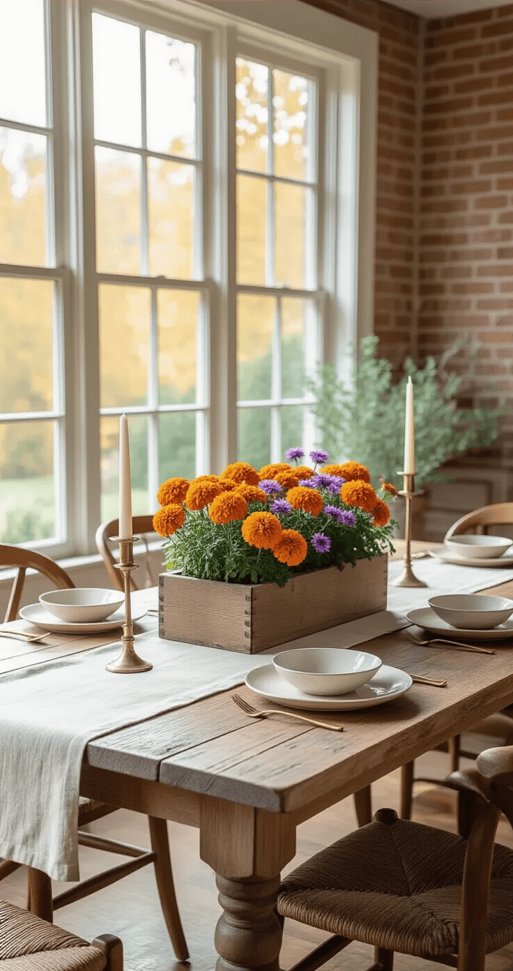 Intimate dining room scene with a reclaimed wooden table showcasing a rustic planter of orange marigolds and purple asters, softly illuminated by morning light through large windows revealing an autumn garden. Exposed brick wall and hardwood floors enhance the inviting atmosphere, complemented by oatmeal linen and warm white ceramics.