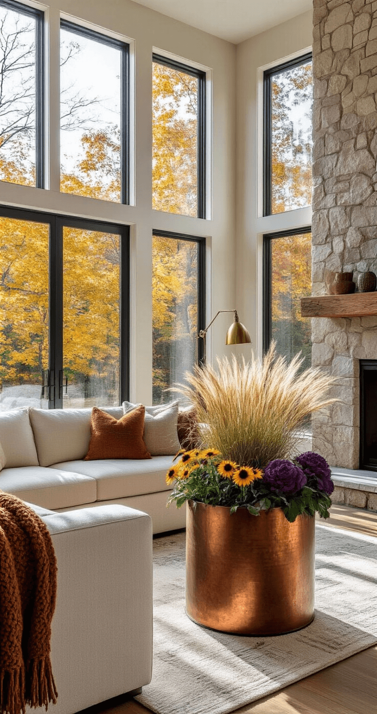Spacious living room with floor-to-ceiling windows showcasing fall foliage, featuring a cream sectional sofa, copper metal container with fountain grass and black-eyed Susans, a stone fireplace, and rich jewel tones against a neutral backdrop.