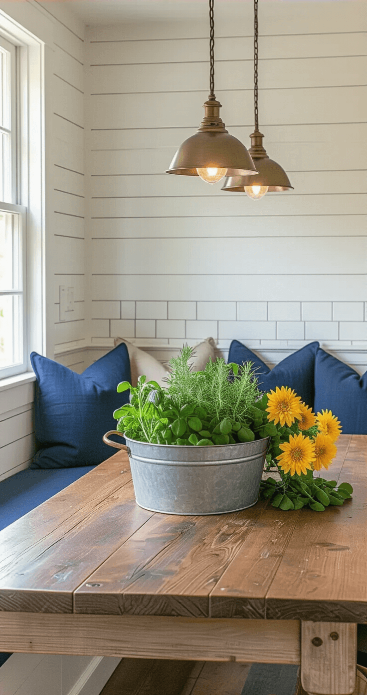 A charming kitchen breakfast nook with a built-in banquette, featuring pendant lighting, a rustic pine table overflowing with Swiss chard, rosemary, and yellow chrysanthemums, shiplap walls, navy cushions, and brass accents, all in a cozy farmhouse style.