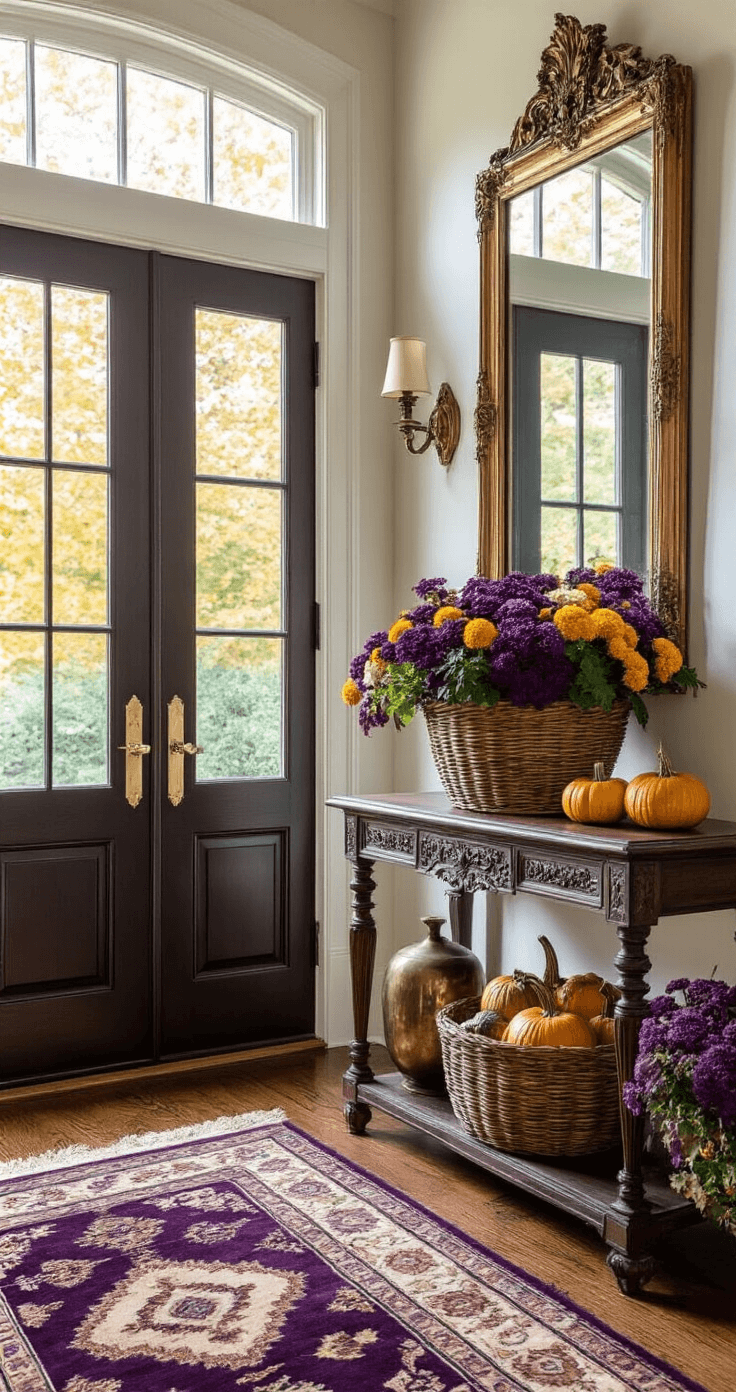 Elegant entryway foyer featuring tall windows beside a dark wooden door, adorned with a vintage basket overflowing with purple ornamental kale, golden marigolds, and decorative mini gourds. A Persian runner in jewel tones leads to polished hardwood floors, while a brass mirror reflects warm autumn light, enhanced by a vintage brass sconce. The scene showcases deep purples, golds, and rich browns for a sophisticated autumn welcome.