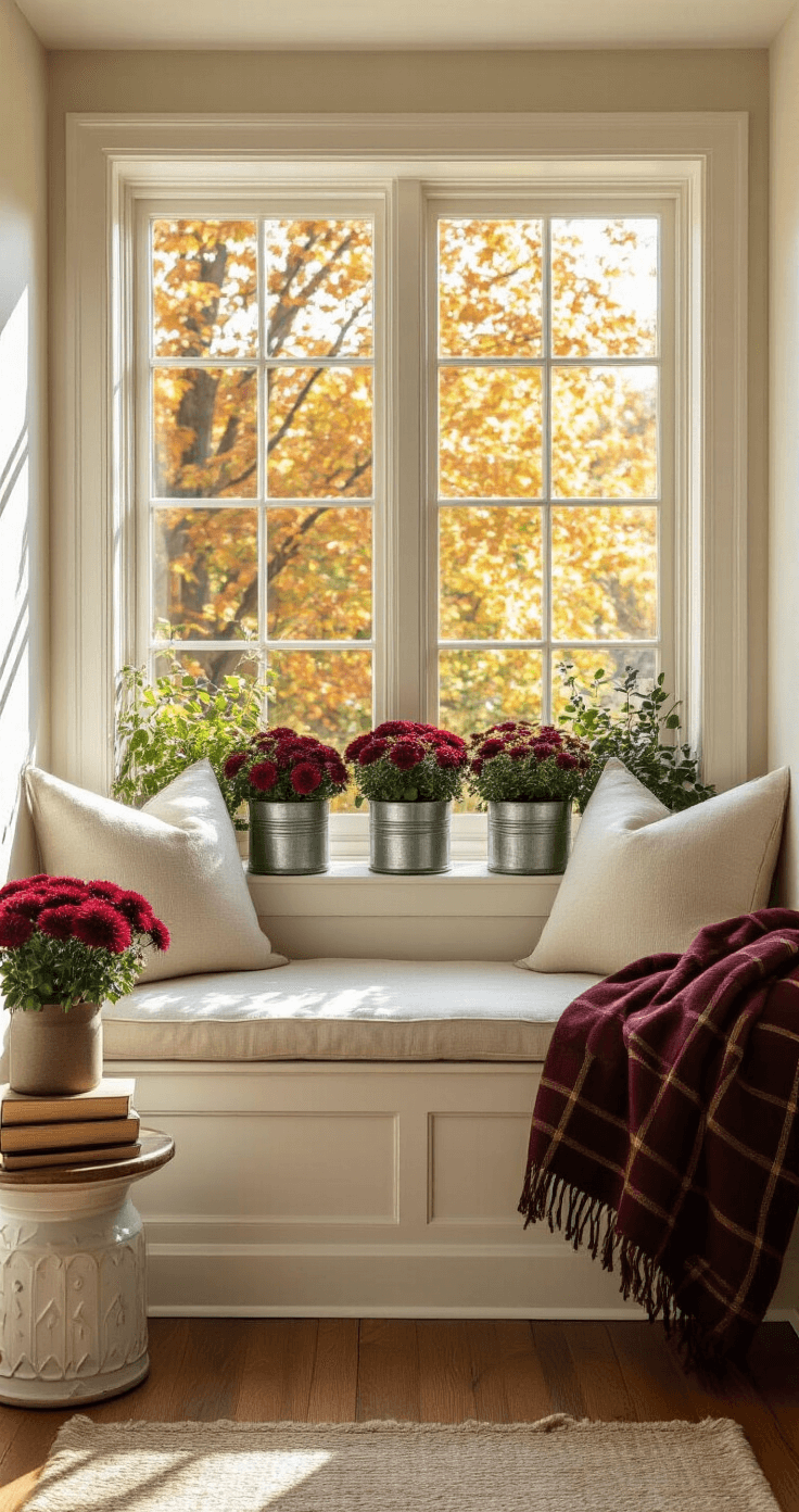 Cozy reading corner with golden afternoon sunlight, featuring a built-in window seat with a view of autumn trees, vintage metal can planters with trailing ivy and burgundy mums, cream linen cushions, a rust plaid wool throw, leather-bound books, a ceramic side table, and warm neutral tones accented with burgundy and gold.