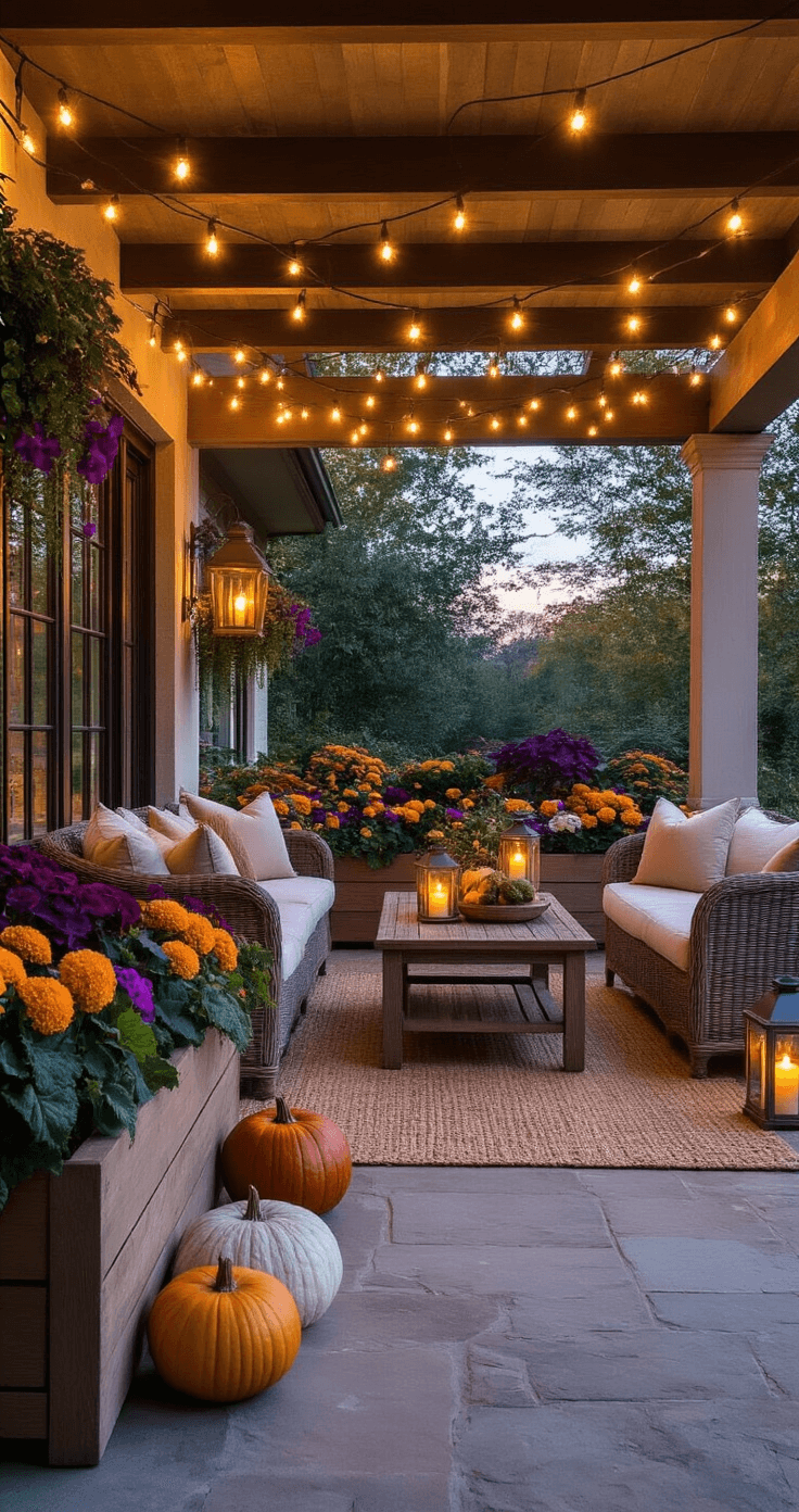 Spacious covered patio at twilight with string lights overhead, featuring wicker furniture with cream cushions and lanterns. Large wooden planter boxes filled with ornamental cabbage, trailing pansies, and decorative gourds line the seating area. Stone flooring and exposed beam ceiling enhance the inviting autumn ambiance, illuminated by warm lights against the dusky sky.