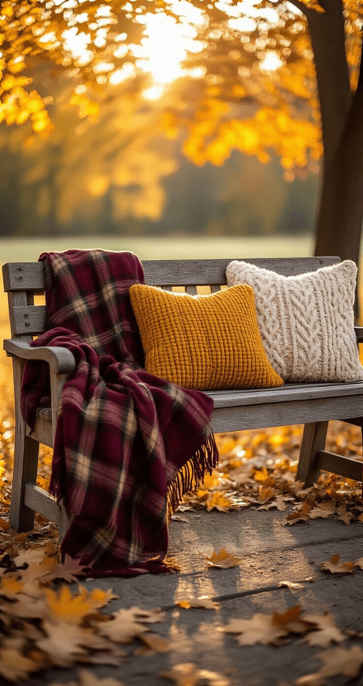 Photorealistic outdoor scene featuring a rustic wooden bench draped with a burgundy plaid wool throw and chunky knit pillows in mustard yellow and cream, surrounded by autumn foliage and fallen maple leaves, bathed in warm golden hour light.