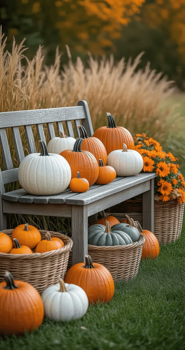 Elegant outdoor seating vignette featuring a vintage wooden bench surrounded by a cascading display of orange, white, and sage green pumpkins in various sizes, alongside woven baskets filled with gourds, set against an autumn grass backdrop under soft diffused daylight.
