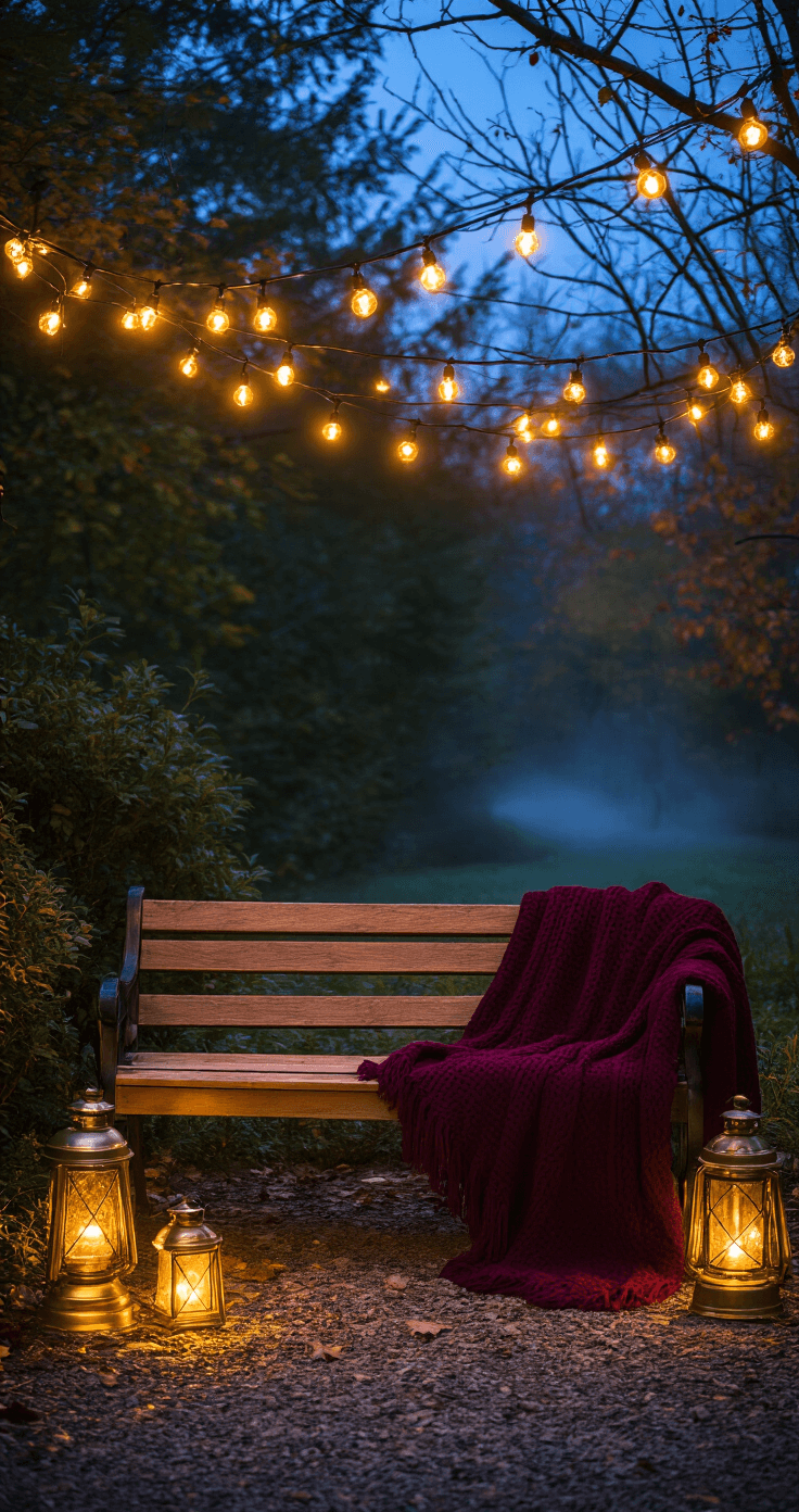 A cozy twilight garden scene with an outdoor bench adorned with warm amber string lights, vintage brass lanterns casting golden light, and a deep burgundy throw draped over the bench, all set against a moody blue-hour sky transitioning to deep navy.