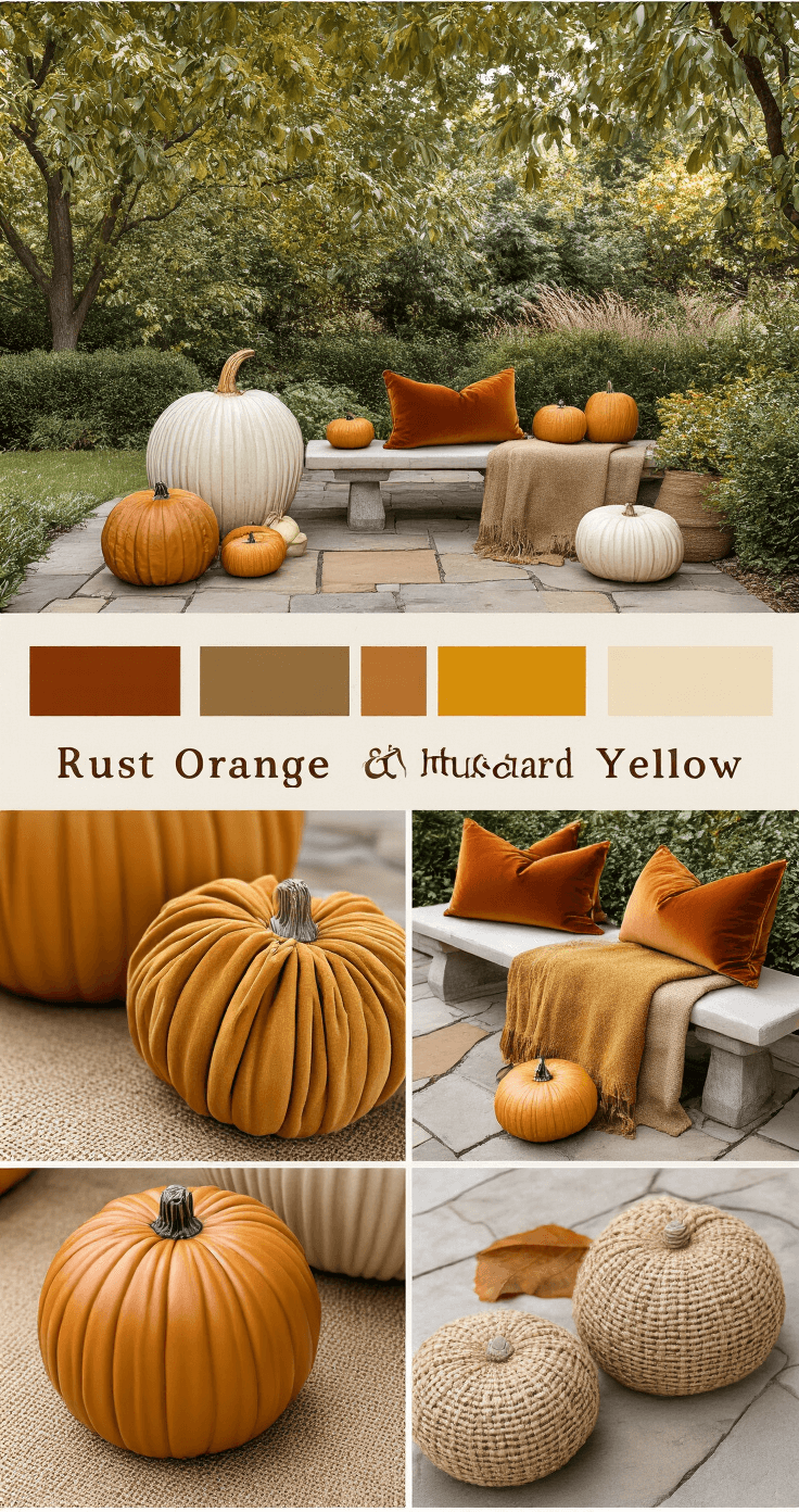 Sophisticated outdoor styling featuring rust orange and mustard yellow accents, smooth ceramic pumpkins against burlap runners, plush velvet pillows, and natural stone pavers, highlighted in bright lighting.