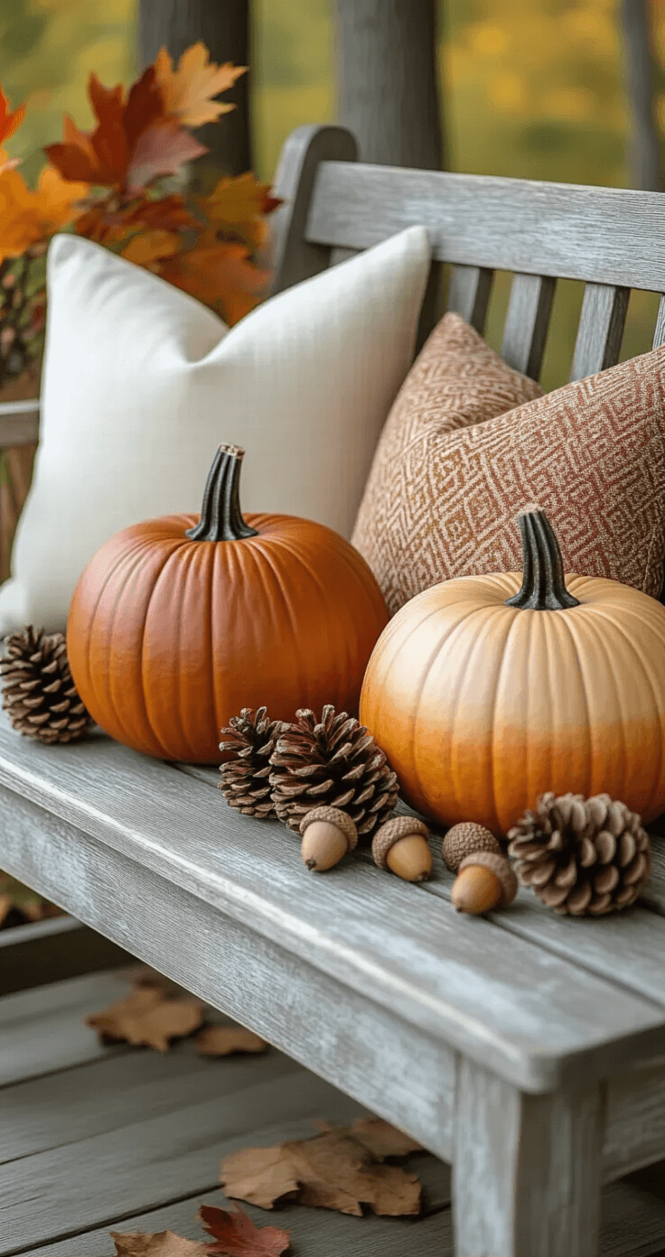 A cozy fall scene featuring DIY ombre rust-toned painted pumpkins, natural pinecones and acorns, and repurposed patterned throw pillows on a weathered wooden bench. Colorful leaves from collected branches are casually arranged, creating an authentic, warm atmosphere highlighted by natural daylight.