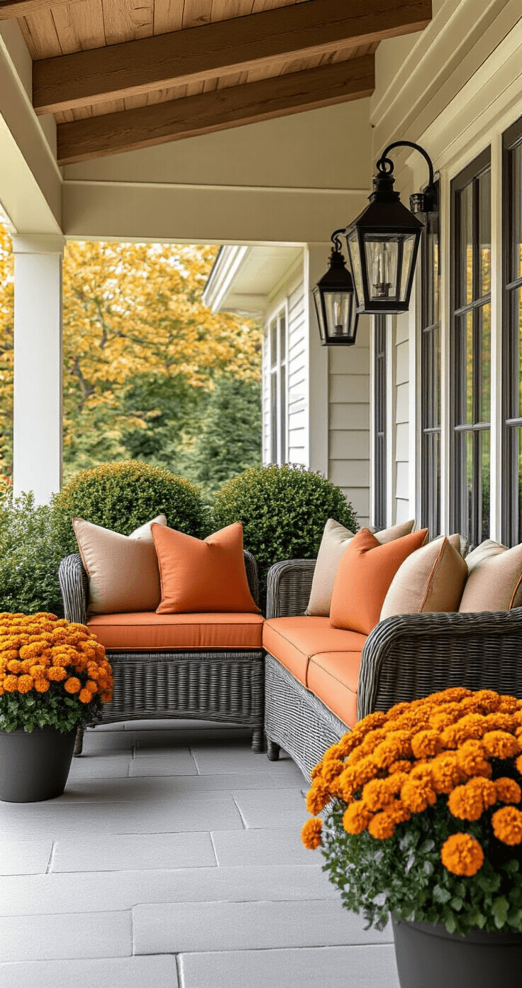 Weather-resistant outdoor decor setup on a covered porch with waterproof cushions in autumn colors, durable synthetic wicker accents, powder-coated metal lanterns, and hardy mums in weatherproof planters flanking a bench, highlighting functionality and style with even natural lighting.