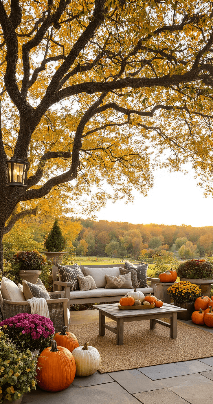 A wide shot of a beautifully styled autumn outdoor sanctuary featuring layered textiles, a diverse array of pumpkins, and ambient lighting, framed by mature oak trees with golden leaves. An inviting bench serves as the focal point, all bathed in warm afternoon light.