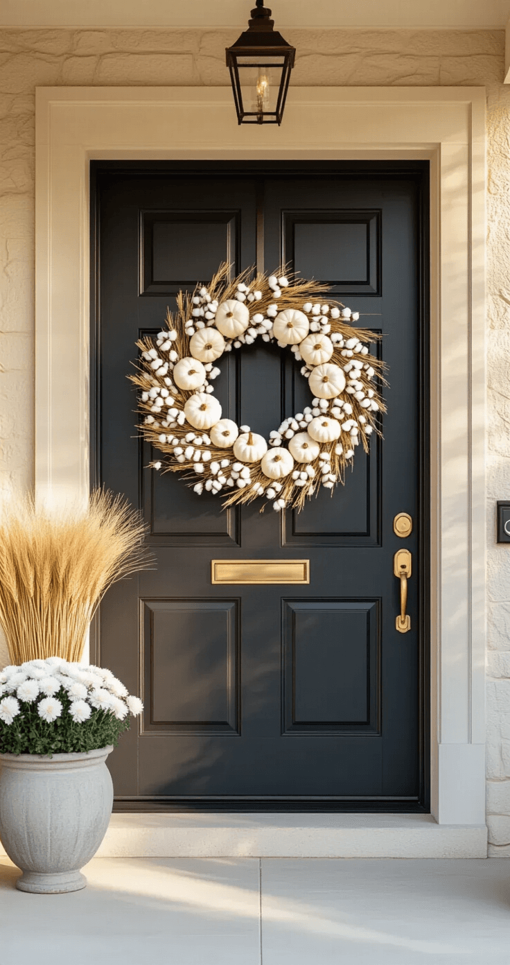 Wide-angle shot of an elegant charcoal-painted front door adorned with a monochromatic white fall wreath made of white pumpkins, bleached wheat, and ivory cotton, complemented by a weathered concrete planter with white mums, all bathed in golden hour light.