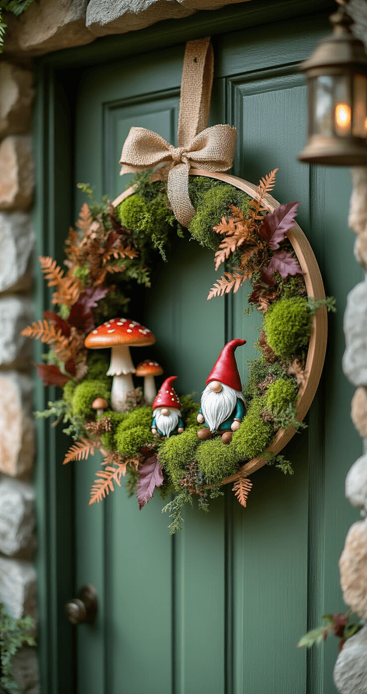 Whimsical woodland wreath with mushrooms and gnome figurines on a forest green door, wrapped in burlap, surrounded by rustic stone, illuminated by soft morning light.