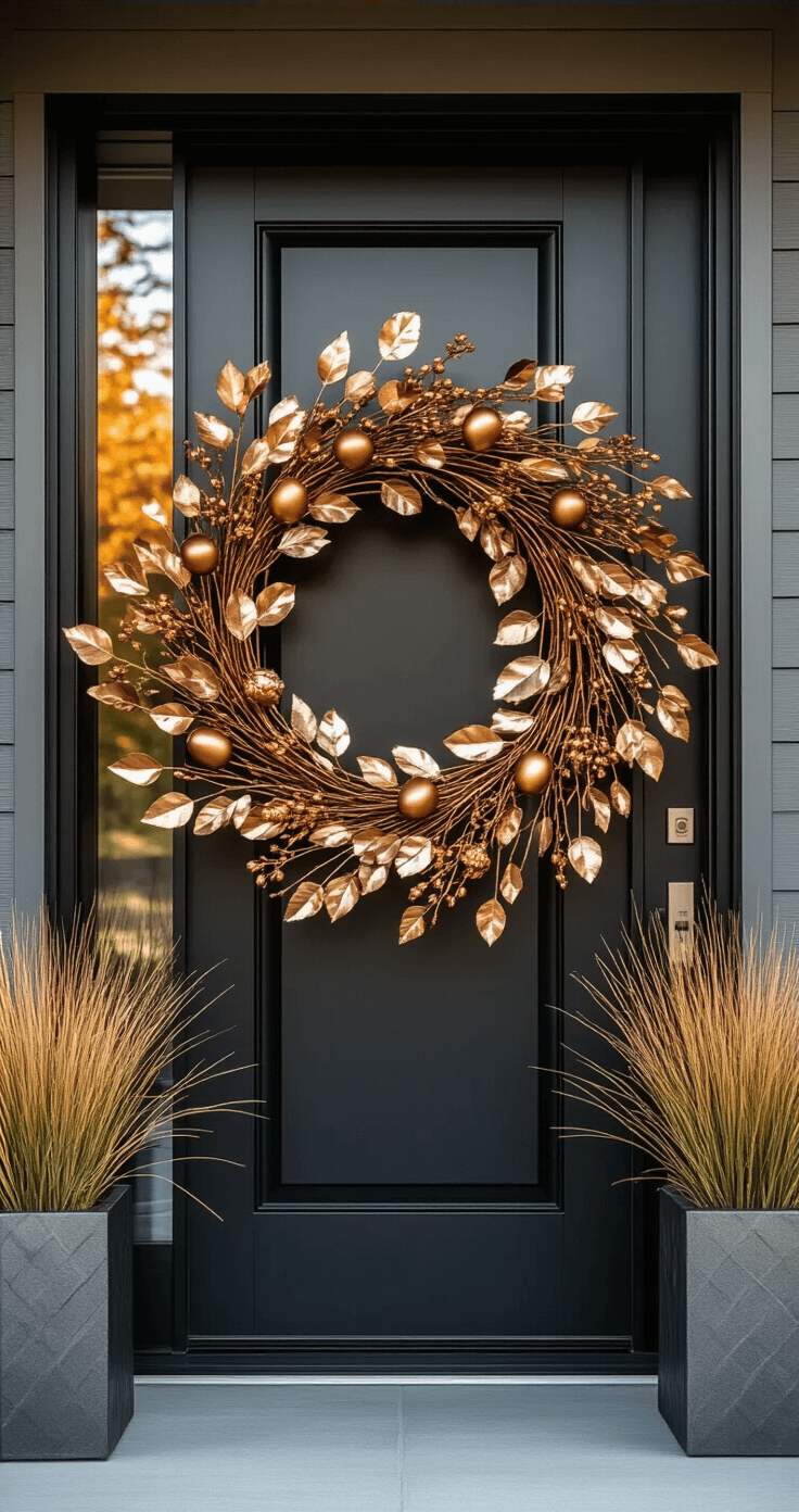 A modern metallic harvest wreath with brushed gold eucalyptus leaves, copper acorns, and rose gold branches is displayed on a sleek black front door, surrounded by warm gray siding and geometric planters with ornamental grasses, reflecting rich amber and bronze autumn tones in the late afternoon sunlight.