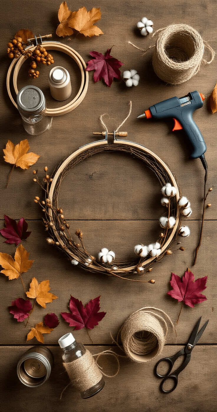 Overhead view of a DIY wreath-making station featuring embroidery hoops, a hot glue gun, cotton stems, preserved botanicals, and metallic spray paint arranged on a reclaimed wood table, with autumn leaves, mason jars, vintage scissors, and twine adding rustic charm under warm studio lighting.