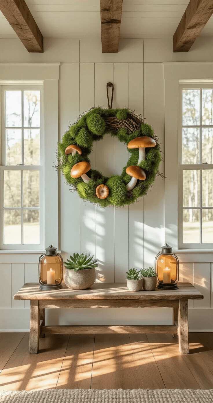 Interior entryway featuring a unique mushroom and lichen wreath on a farmhouse door, with morning light casting shadows across whitewashed shiplap walls, a vintage pine bench with amber glass lanterns and succulents, exposed ceiling beams, and honey-toned wide-plank floors, creating a cozy, woodland-inspired atmosphere.
