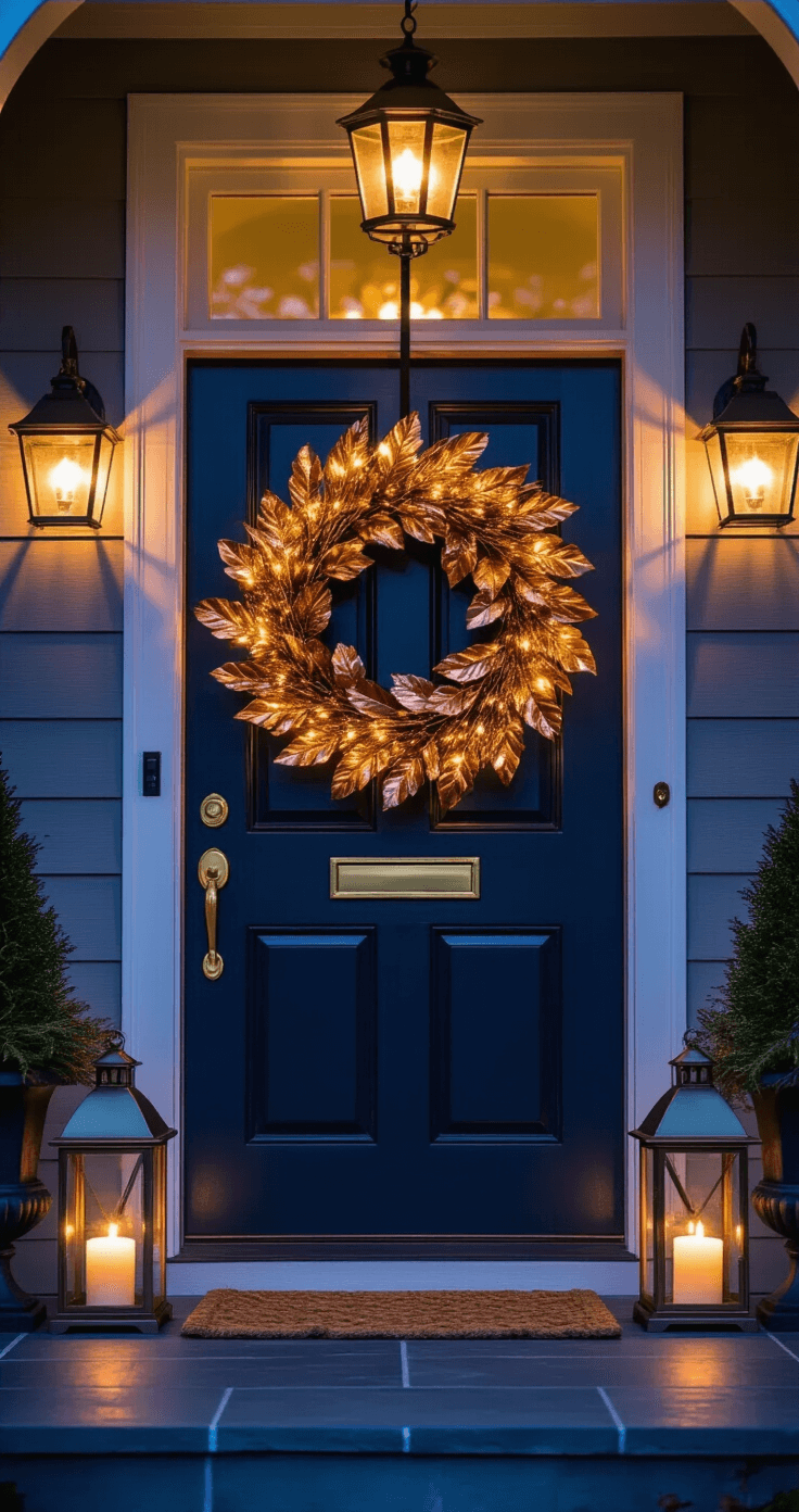 An elegant metallic wreath with bronze and copper elements, illuminated by warm porch lighting, hangs on a deep navy door with antique brass fixtures. String lights create magical bokeh effects, while flanking lanterns cast golden light on slate tile flooring. The scene captures a luxurious autumn entrance.