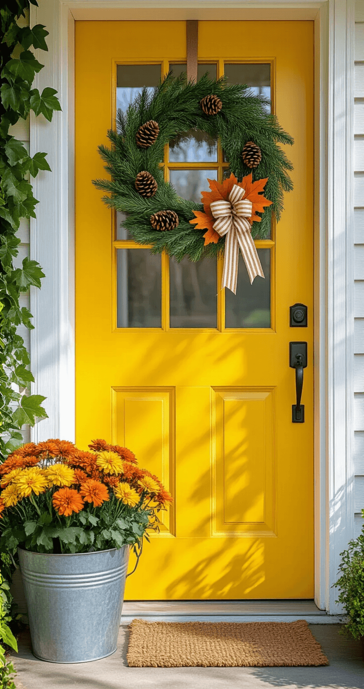 Bright daylight shot of a budget-friendly DIY wreath made of faux greenery, natural pinecones, and thrifted autumn leaves on a cheerful yellow door, showcasing a cozy cottage entrance with white trim and climbing ivy, along with a vintage galvanized bucket filled with seasonal mums.