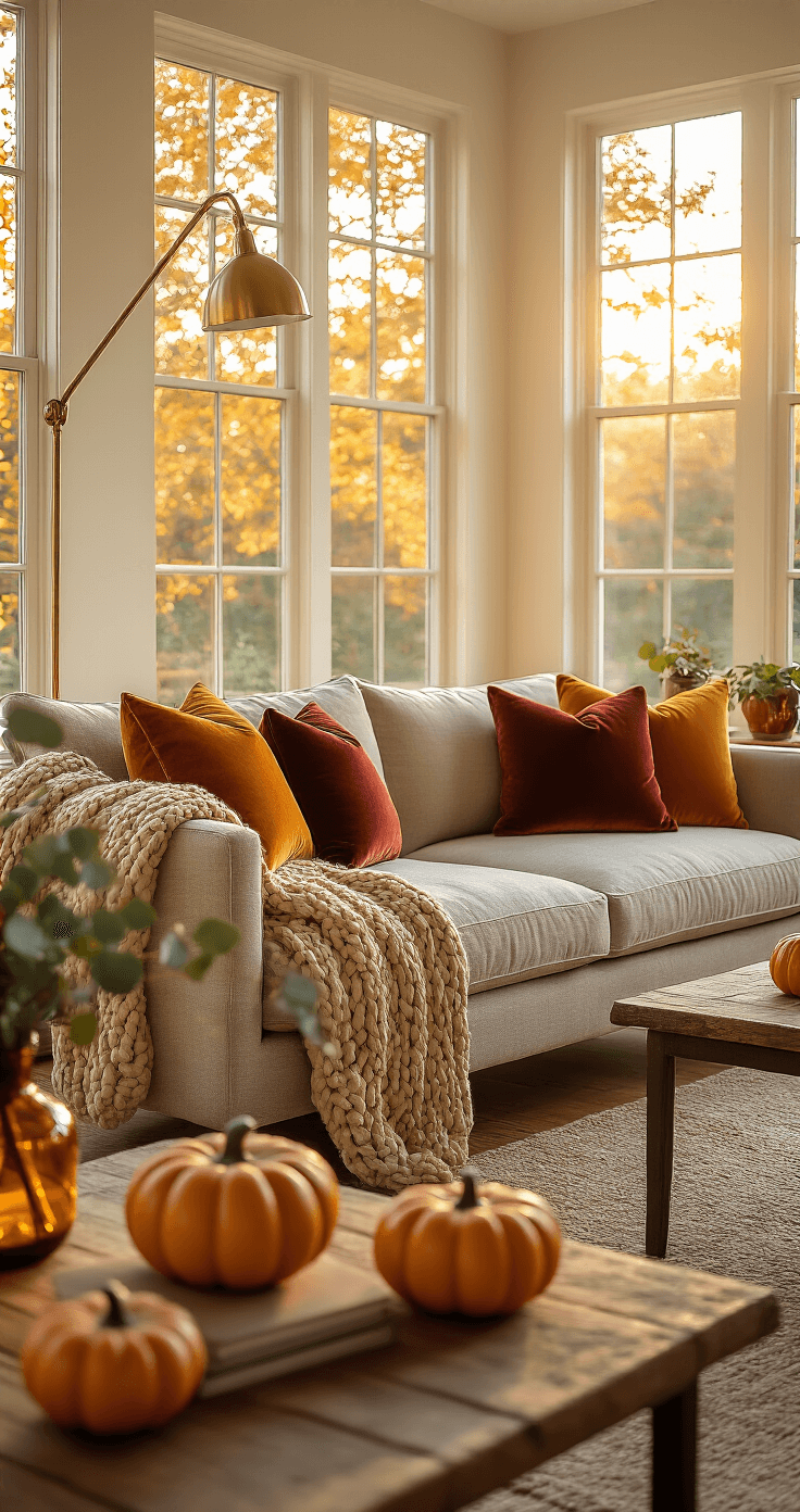Photorealistic living room in golden hour sunlight featuring a mid-century modern sofa with a chunky knit throw, velvet pillows, hardwood floors, and a brass floor lamp, decorated with mini ceramic pumpkins and eucalyptus stems in an amber glass vase.