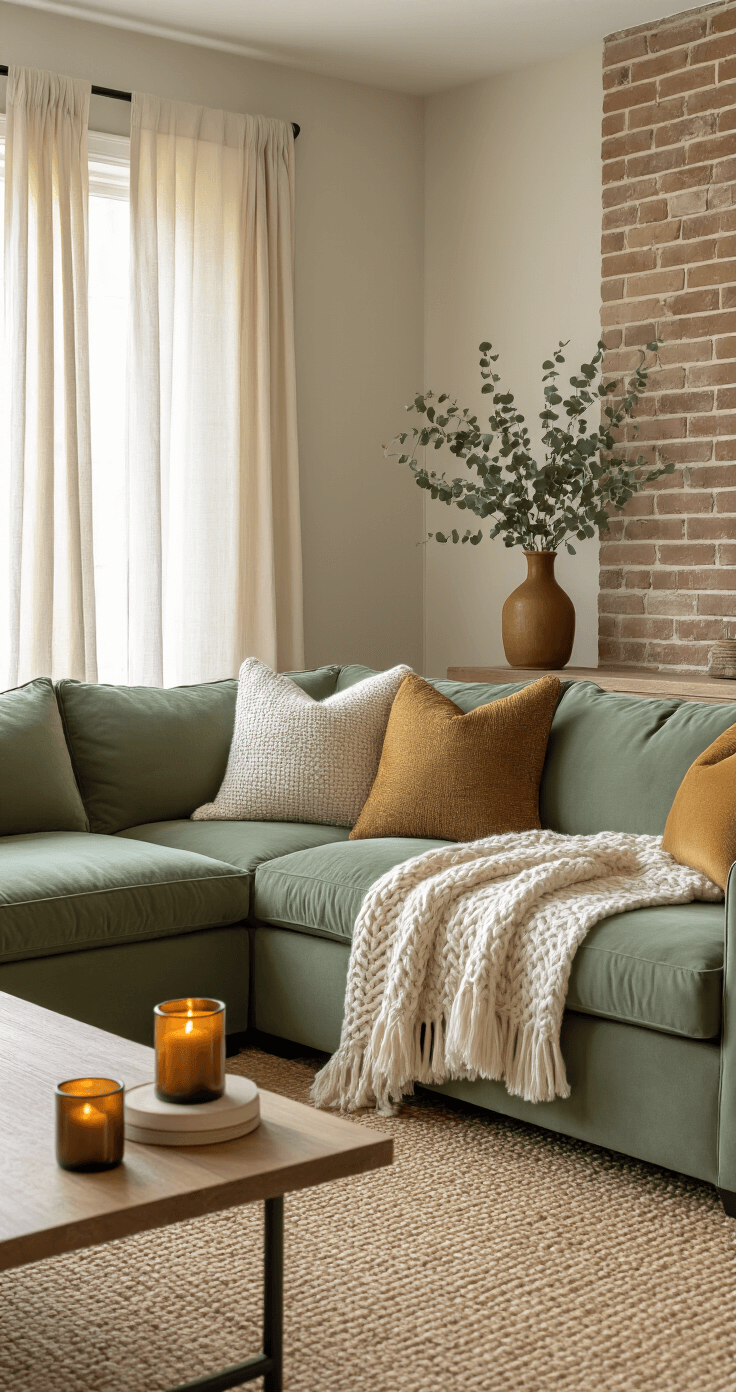 Spacious living room corner with sage green sectional sofa, muted gold accent pillows, and cable knit throws, illuminated by natural light through sheer curtains, highlighting cream walls with exposed brick, a jute area rug, wooden side table with amber candle holders, and eucalyptus branches in a ceramic vase, shot from a low angle to emphasize layered textures.