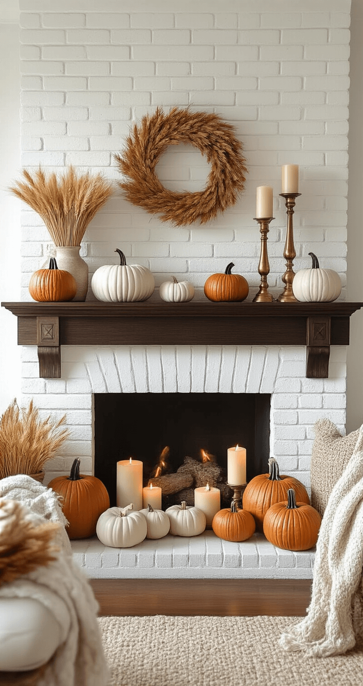 Elegant living room vignette featuring an autumn-decorated fireplace mantel with white brick, dark wood, ceramic pumpkins, dried wheat bundles, flickering candles, and vintage brass candlesticks, all illuminated by warm, late afternoon light.