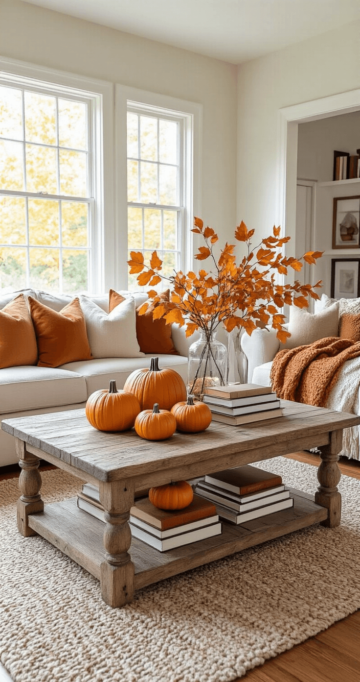 A cozy fall living room featuring DIY paper pumpkins on a rustic wooden coffee table, repurposed furniture with autumn-colored throw pillows and blankets, foraged branches with golden leaves in clear vases, and artfully stacked books with fall-colored spines, all illuminated by natural morning light.