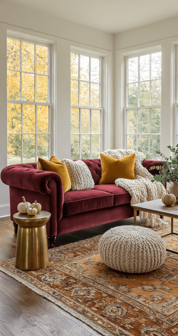 A stylish living room featuring a burgundy velvet sofa, cream chunky knit throw, mustard yellow linen pillows, and a cable knit pouf on rich hardwood floors. A Persian-style rug in warm earth tones complements the decor. Floor-to-ceiling windows fill the space with natural light, while a brass accent table adorned with ceramic pumpkins and eucalyptus enhances the autumn atmosphere. The image showcases depth and texture variety, highlighting the smoothness of the velvet, the bumpy knits, and the crisp linen.