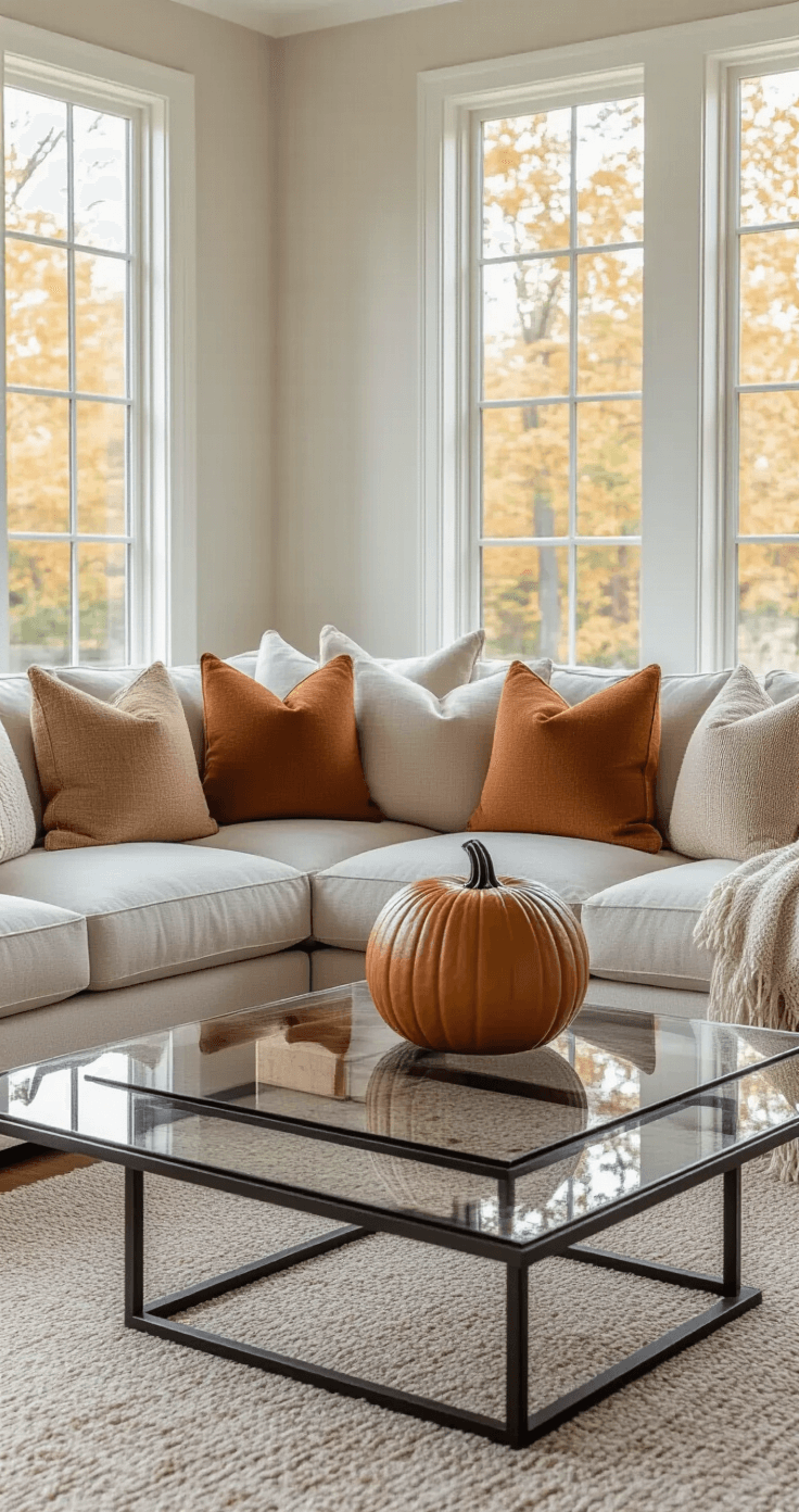A stylish, balanced fall living room featuring a clean-lined sectional adorned with three coordinated autumn-colored throw pillows, a large ceramic pumpkin centerpiece on a glass coffee table, neutral walls for a spacious feel, and strategic negative space, all illuminated by soft afternoon light streaming through large windows.