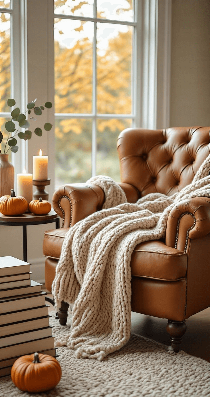 Cozy fall living room vignette featuring a camel leather tufted armchair with a chunky knit throw, autumn-themed books on a side table, warm scented candles, large windows for natural light, eucalyptus stems, and mini pumpkins, all captured in golden hour lighting with shallow depth of field.