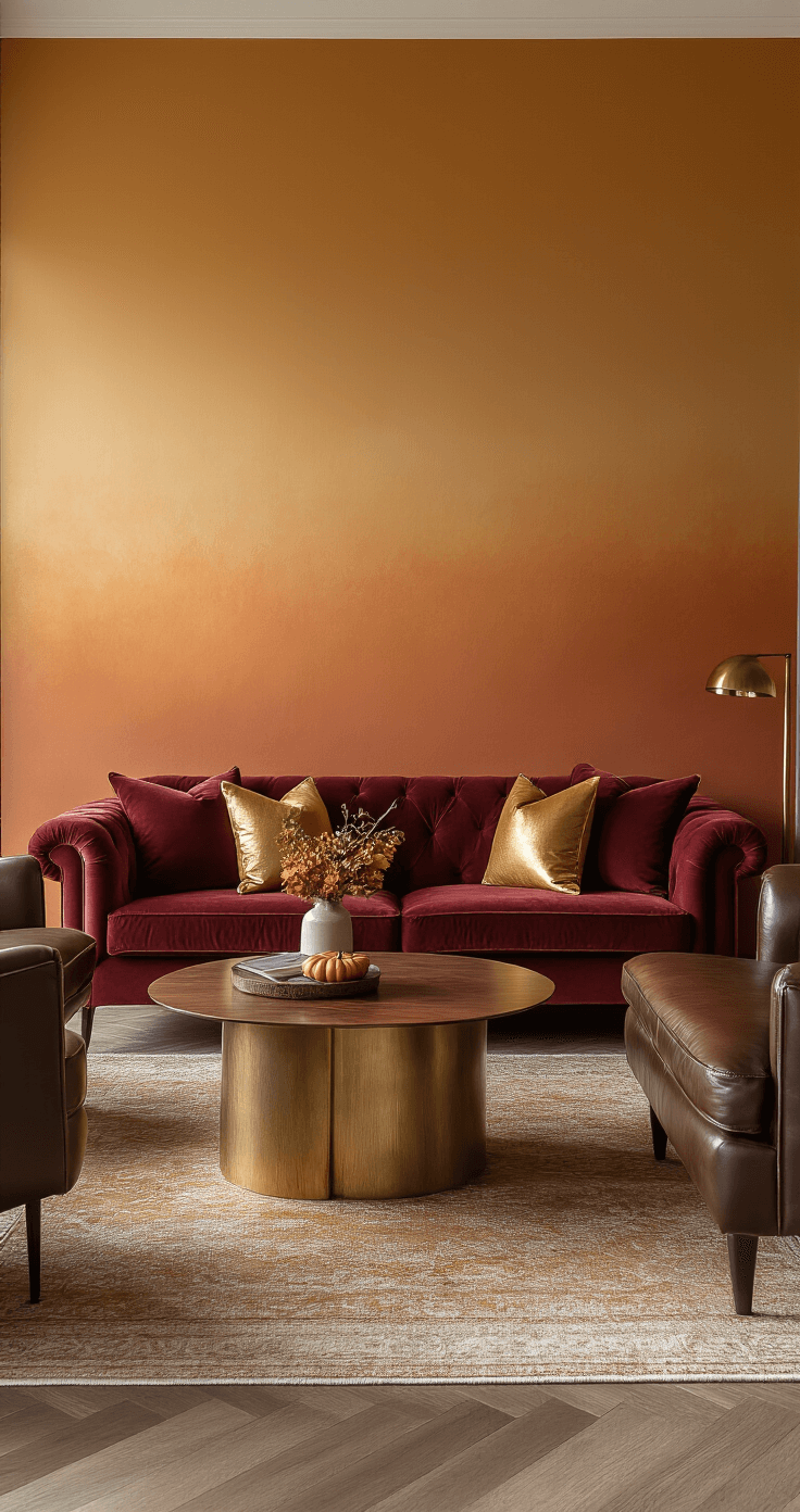 Elegant living room featuring a pumpkin spice ombre accent wall, burgundy velvet sofa with gold pillows, chocolate leather armchairs, and polished walnut coffee table, all bathed in warm afternoon light.