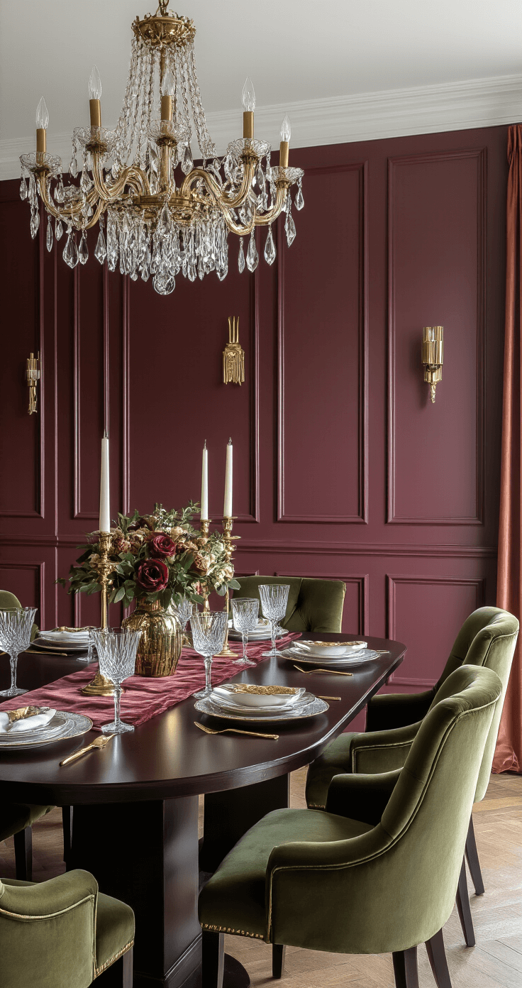 Sophisticated dining room featuring matte burgundy wainscoting, gold metallic accents, a dark mahogany table surrounded by olive green chairs, and rusty rose silk curtains, all illuminated by chandelier lighting, showcasing elegant symmetry and dramatic contrasts.