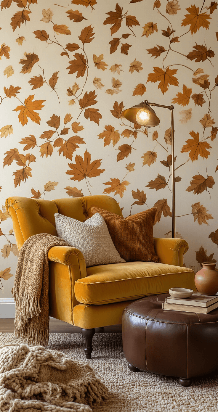 Cozy reading nook with autumn leaves wallpaper, featuring a mustard yellow velvet chair, chocolate brown leather ottoman, and a warm brass floor lamp, surrounded by layered wool throws, vintage books, and earthy ceramic pottery, all captured in soft morning light.