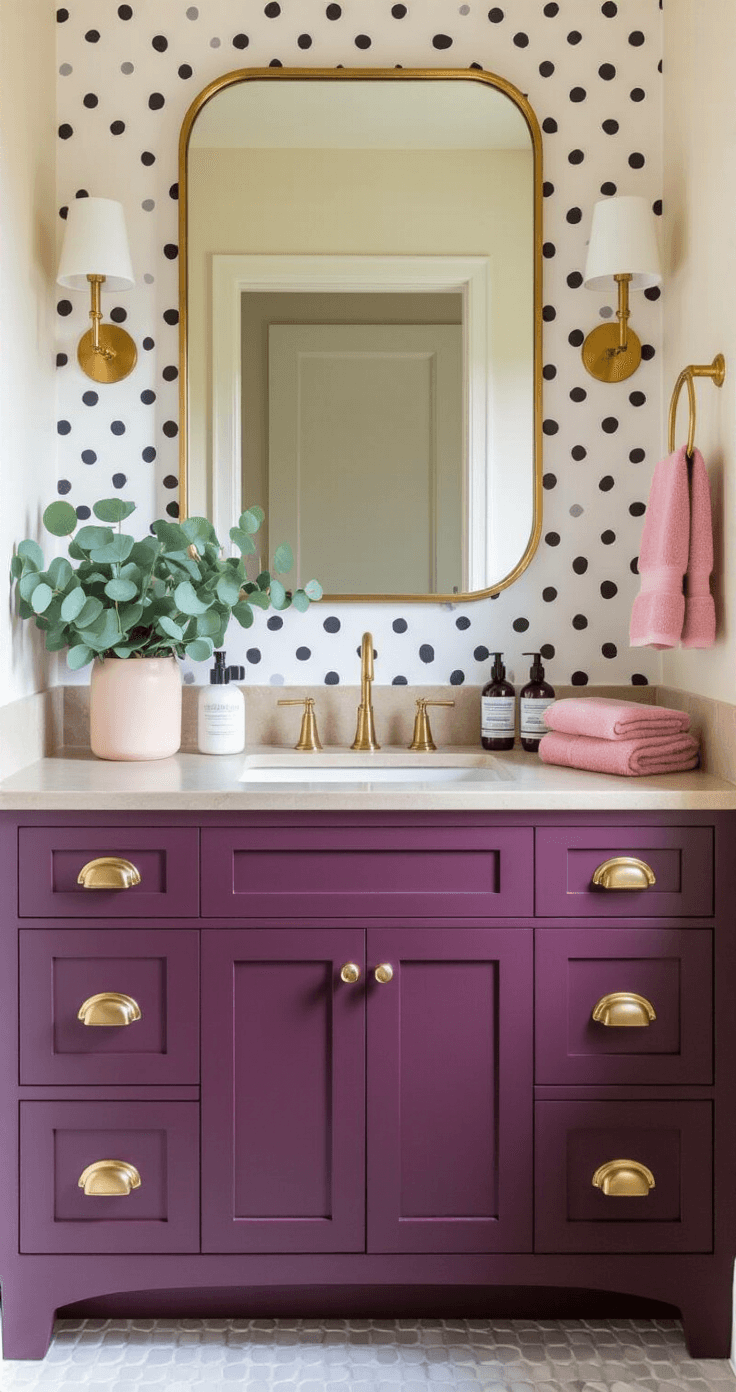 Chic bathroom vanity with plum cabinetry, polka dot marble backsplash, warm taupe countertops, and brass handles, featuring a gold-framed mirror, organized beauty products, soft pink towels, and a potted eucalyptus, all captured in bright natural light.