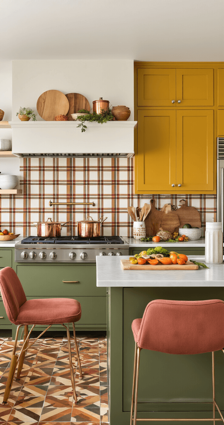 A modern kitchen showcases vibrant plaid pattern tile backsplash in fall colors, with olive green lower cabinets and mustard yellow upper cabinets. Rusty rose bar stools complement the warm autumnal palette, while copper cookware and wooden cutting boards accent the space. The photo captures geometric patterns and seasonal produce in the late afternoon light.
