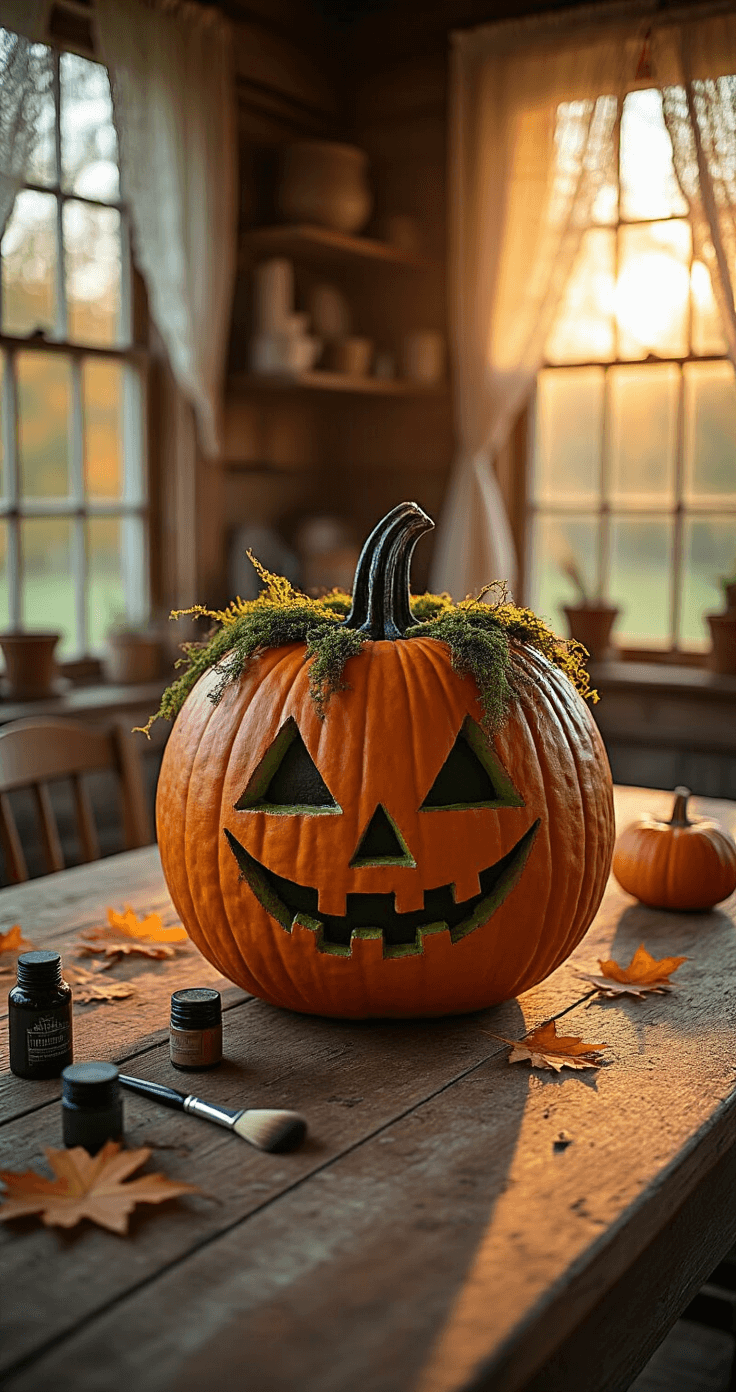 A rustic farmhouse kitchen table features a sideways orange pumpkin with a witch face and moss hair, surrounded by art supplies and autumn leaves, all illuminated by warm golden hour sunlight streaming through lace curtains.