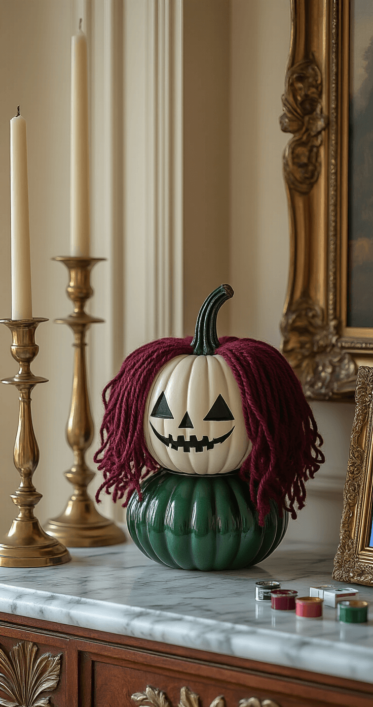 Close-up macro shot of an elegant dining room vignette featuring a marble-topped console with a painted witch pumpkin, vintage brass candlesticks, ornate picture frames, and scattered jewel-toned acrylic paint tubes, all softly illuminated by directional lighting.