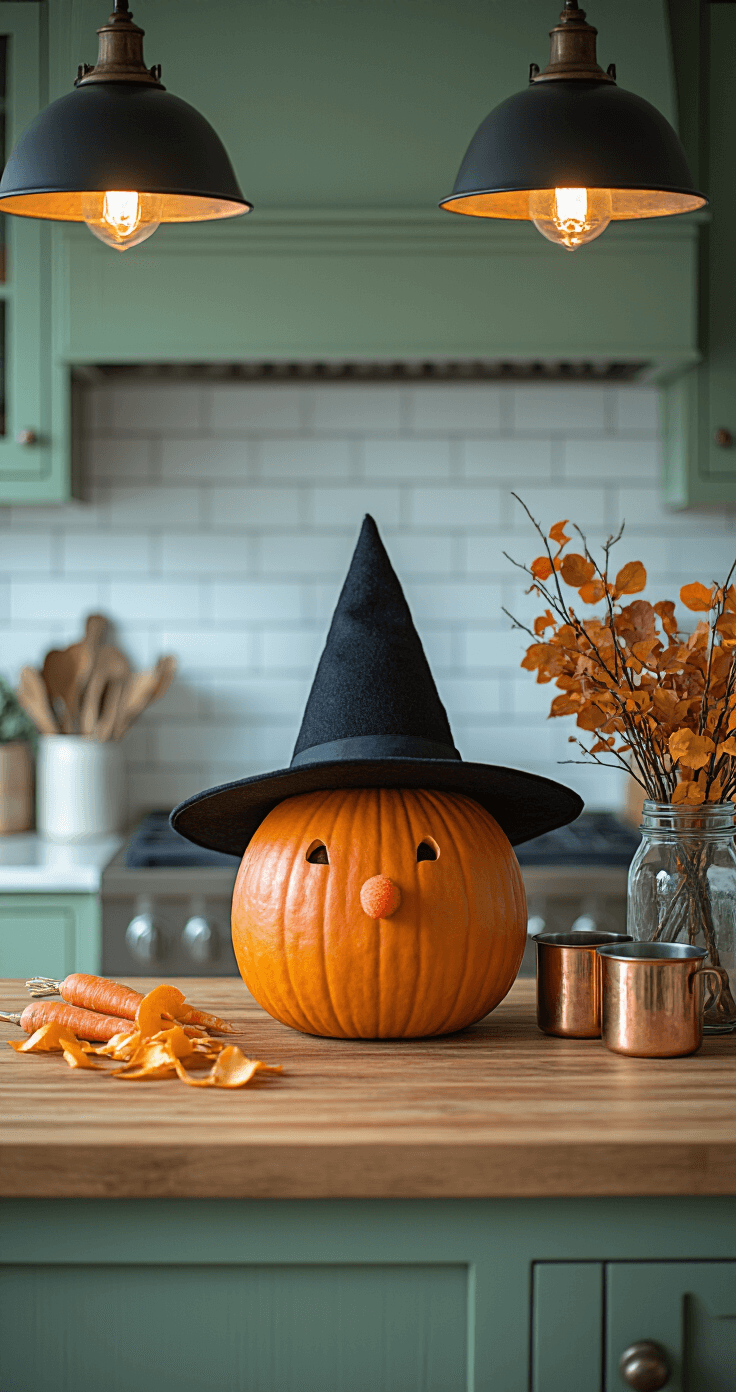 Eye-level view of a whimsical kitchen island featuring an orange pumpkin with a carrot nose and a black witch hat, surrounded by orange peel curls, antique copper measuring cups, and mason jars with autumn branches, all illuminated by warm pendant lighting against a backdrop of subway tile and sage green cabinetry.