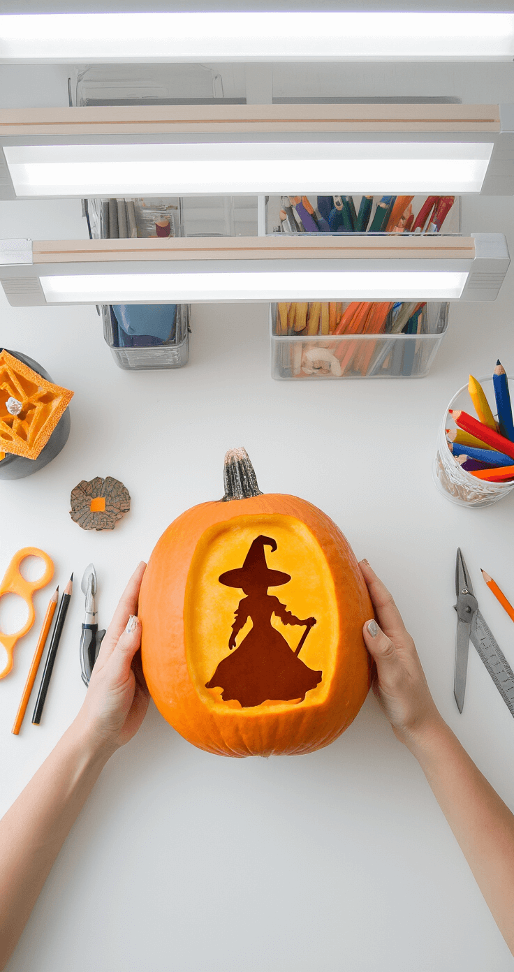 Overhead view of a neatly arranged craft room table featuring a pumpkin carving kit, precision tools, and a mid-carve orange pumpkin showcasing a witch silhouette, illuminated by bright LED strips on a clean white workspace.