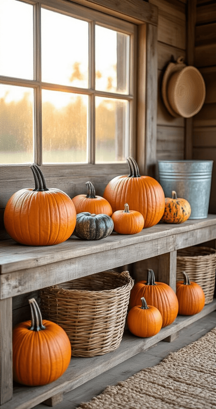 A rustic barn-style mudroom bench bathed in golden morning light, adorned with a variety of pumpkins and gourds on distressed wooden planks, complemented by woven baskets and vintage galvanized buckets.