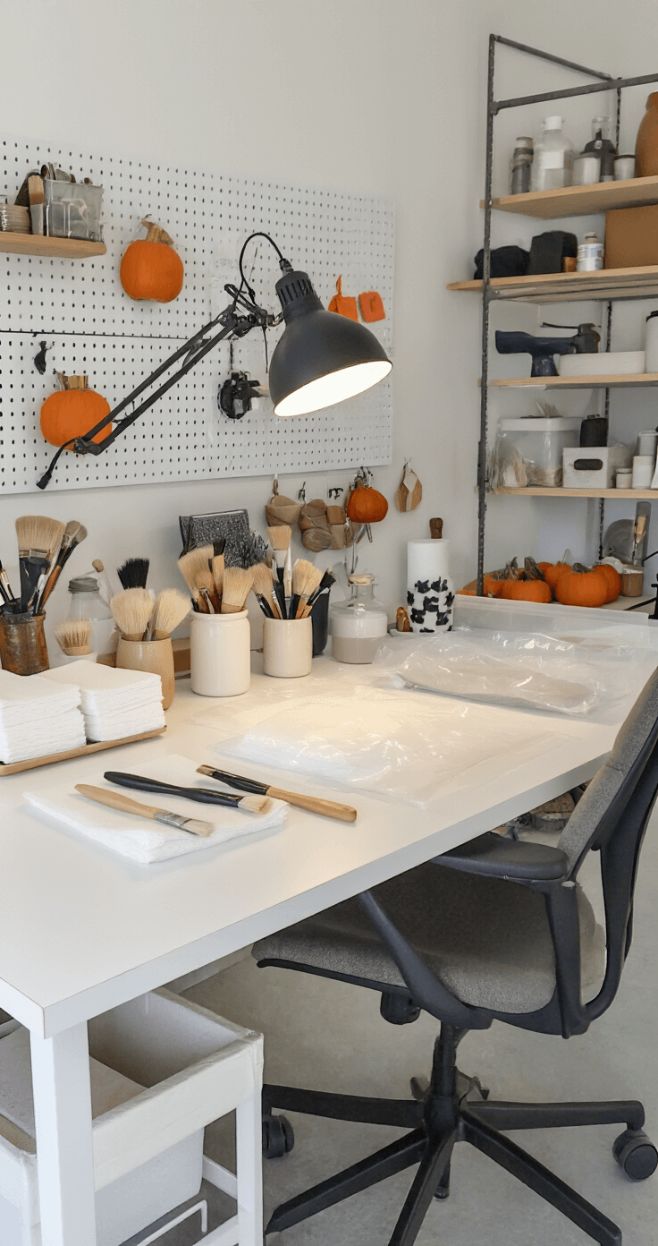A well-organized craft studio workspace featuring a clean white table with essential pumpkin crafting supplies, including neatly stacked paper towels, protective plastic sheeting, and brushes in ceramic holders, illuminated by balanced studio lighting. The scene includes a modern ergonomic chair, a pegboard for tool organization, and industrial-style shelving, all free of harsh shadows while showcasing textures and organizational details.