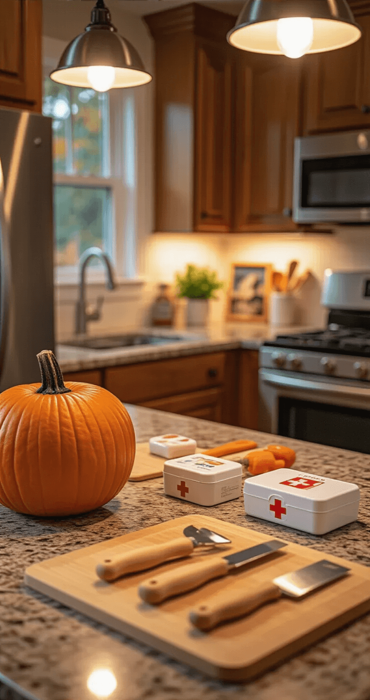 Close-up of a cozy family kitchen counter in warm evening light, featuring child-safe carving tools beside an orange pumpkin, a prominently displayed compact first aid kit, and protective cutting mats on a granite surface, all highlighted by soft pendant lighting in a welcoming setting with warm wood cabinets and family photos.
