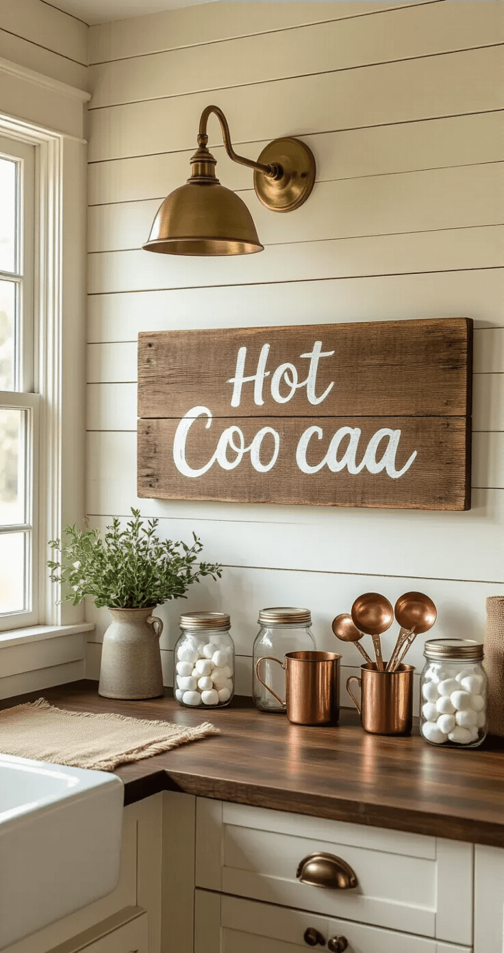 A rustic farmhouse kitchen corner with a reclaimed wood hot cocoa bar sign, golden hour light filtering through a window, illuminating a dark walnut countertop with mason jars of marshmallows, copper measuring spoons, and burlap runners, all set against cream shiplap walls.