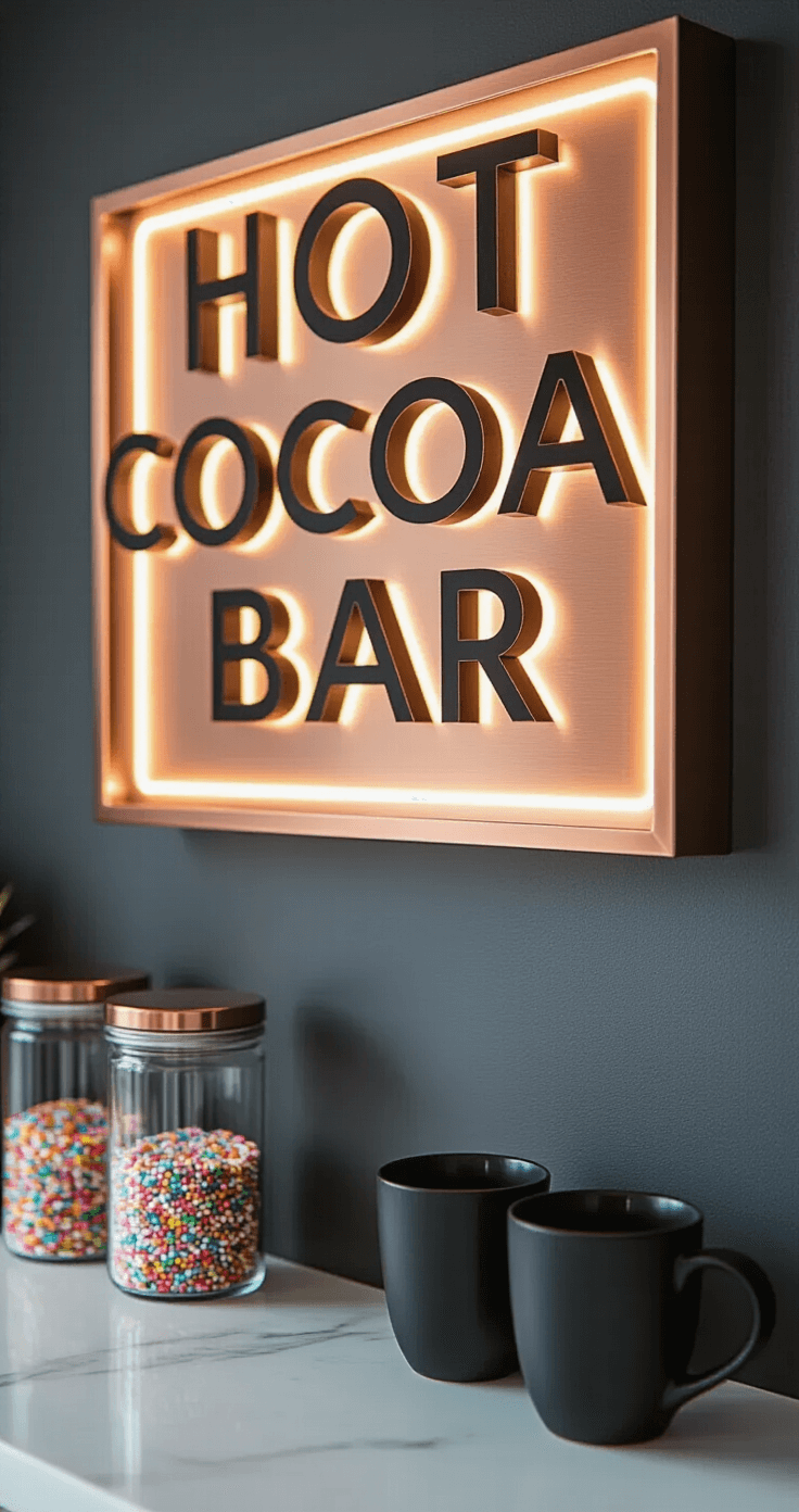 Close-up of a modern metal hot cocoa bar sign with brushed copper finish on a charcoal gray wall, illuminated by soft LED strip lighting, showing crisp sans-serif typography. Below, a minimalist white marble countertop features geometric glass containers with colorful sprinkles and matte black mugs, highlighting an elegant winter ambiance.