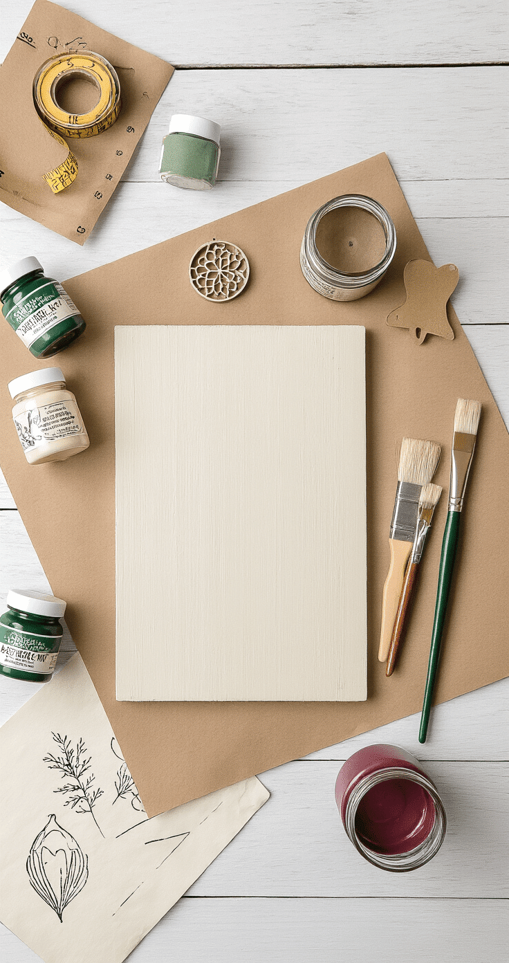 A flat-lay view of a craft room table displaying the DIY process of creating a hot cocoa sign, featuring a blank pine wood sign, paint bottles in forest green and cream, stencils, fine brushes, vintage measuring tape, kraft paper sketches, and mason jars with supplies, all illuminated by bright natural daylight. Warm wood tones contrast with a white tabletop, complemented by sage and burgundy paint accents.