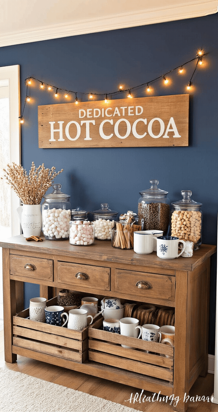 A cozy hot cocoa station corner features a large wooden sign above a farmhouse sideboard, adorned with glass jars of marshmallows and chocolate chips, vintage crates with festive mugs, and warm string lights against a navy blue wall.