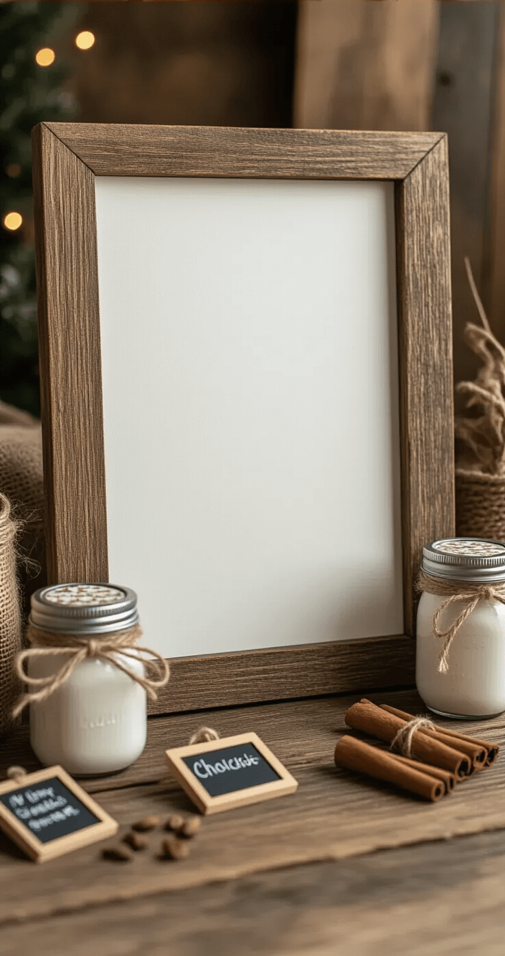 Close-up of a budget-friendly printable hot cocoa sign in a rustic frame, surrounded by mason jars with twine bows, mini chalkboard labels, and cinnamon sticks on a reclaimed wood surface, with soft lighting enhancing textures in a neutral color palette.