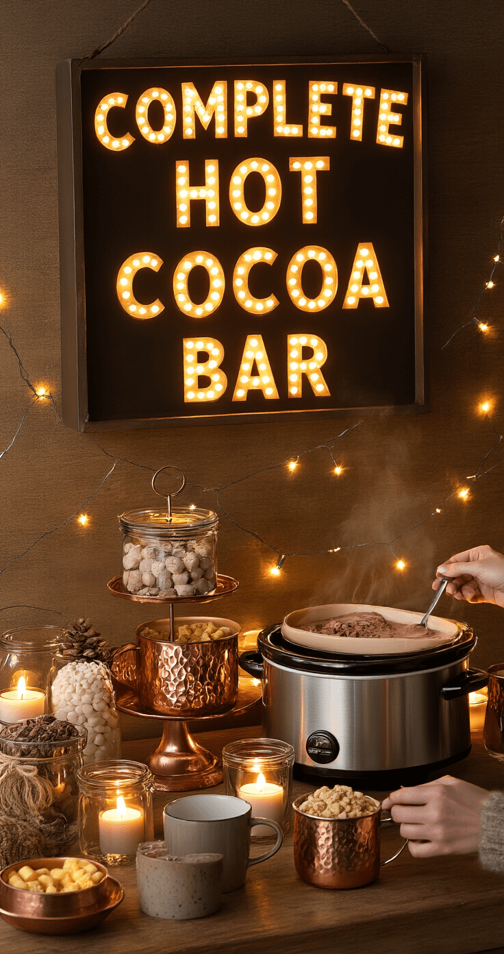 A cozy evening hot cocoa bar setup featuring illuminated signage, candles, and string lights, with guests reaching for toppings from glass containers as steam rises from a slow cooker of hot chocolate. The setting includes warm copper serving pieces and ceramic mugs, creating a romantic winter atmosphere.