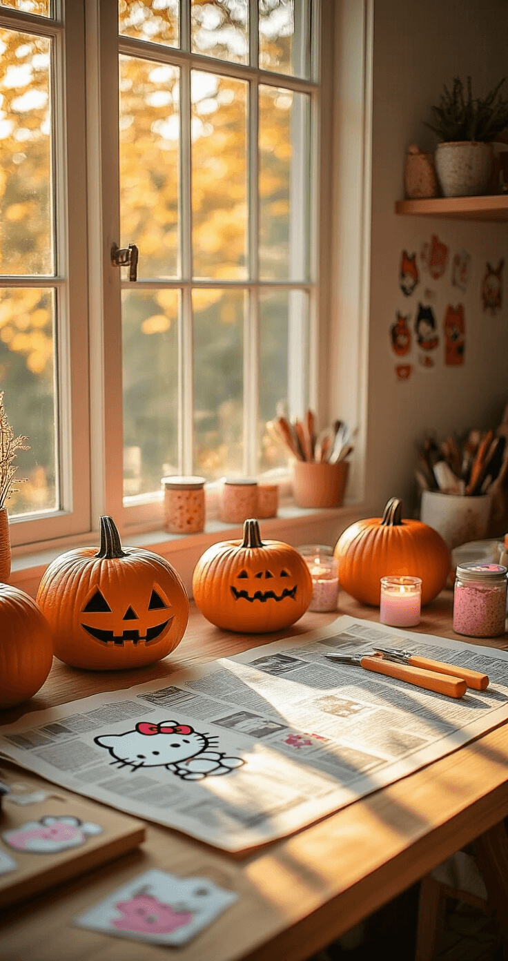 A cozy craftsperson's workspace featuring a large wooden desk covered with newspaper, Hello Kitty pumpkin carving tools, medium orange pumpkins, pink and white stencils, LED tea lights, and glitter containers, all bathed in warm golden hour sunlight from tall windows, with soft shadows and kawaii stickers scattered artfully.