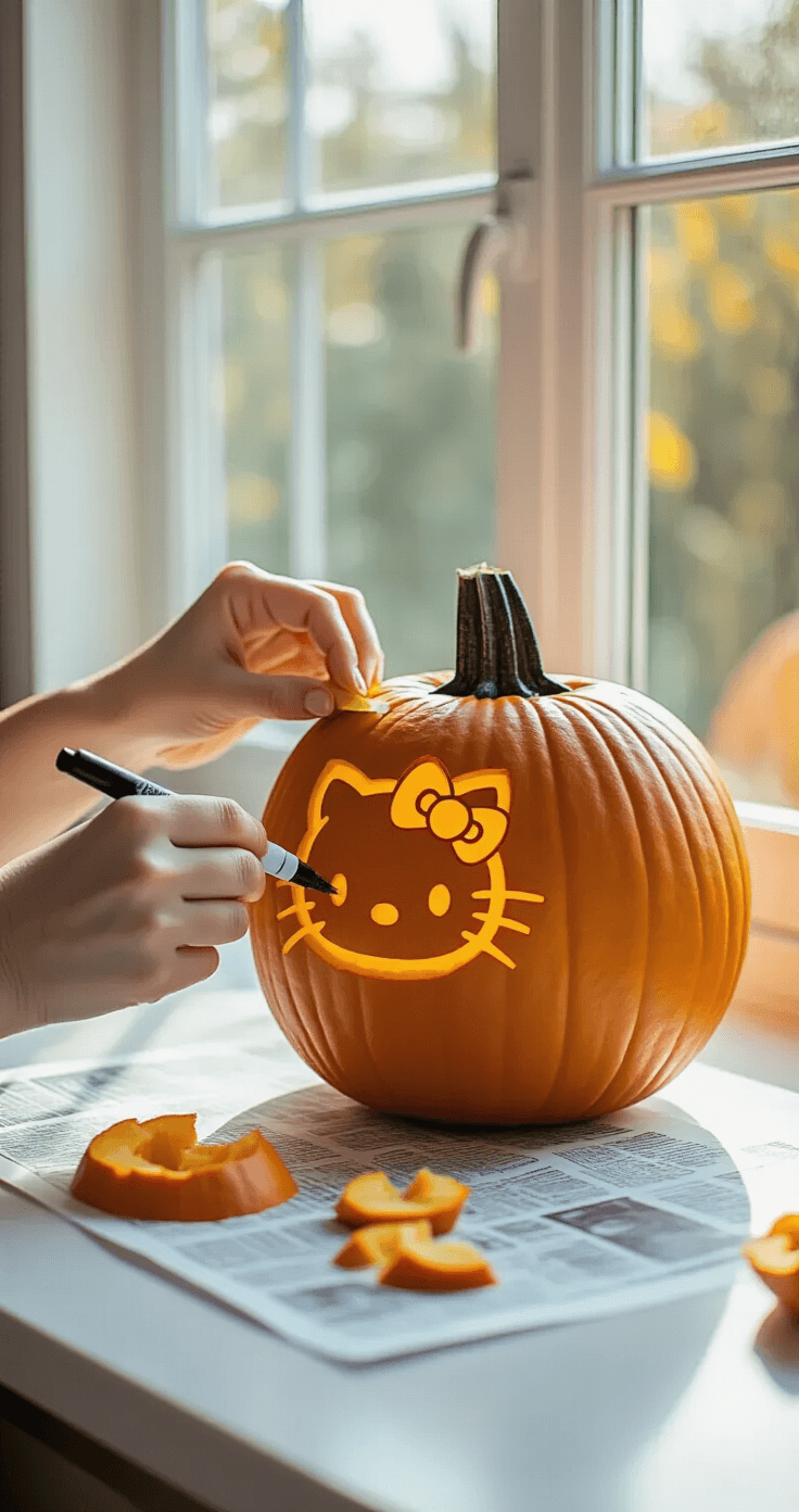 A hands-on pumpkin carving process showing hands tracing a Hello Kitty design on an orange pumpkin under bright daylight, with a stencil secured by tape, marker drawing lines, and pumpkin pieces nearby on a clean white countertop with newspaper underneath.