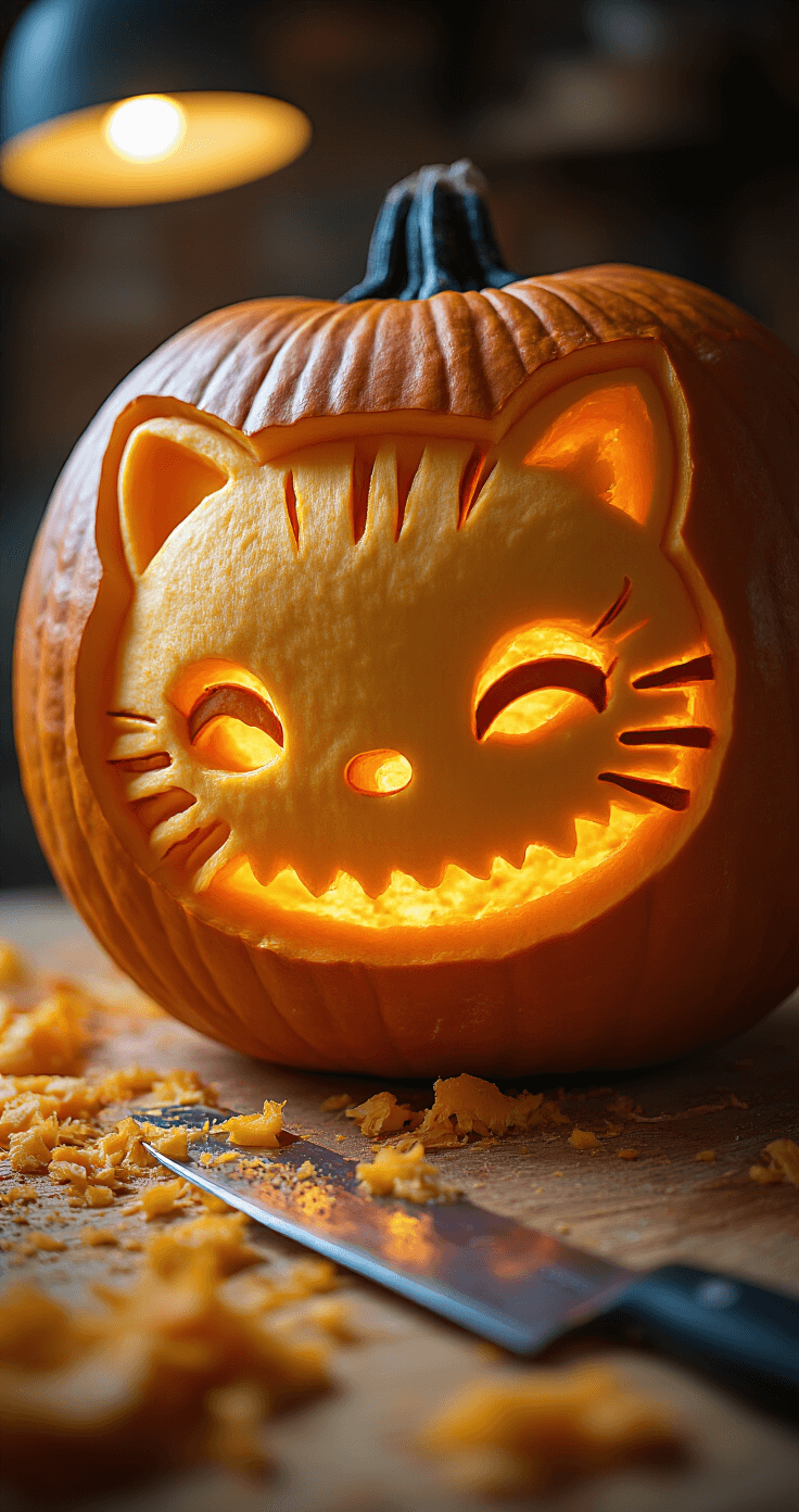 Macro shot of an intricately carved Hello Kitty face on a pumpkin wall, highlighting sharp edges and contrasting textures, with focused workshop lighting and a warm golden hour ambiance.