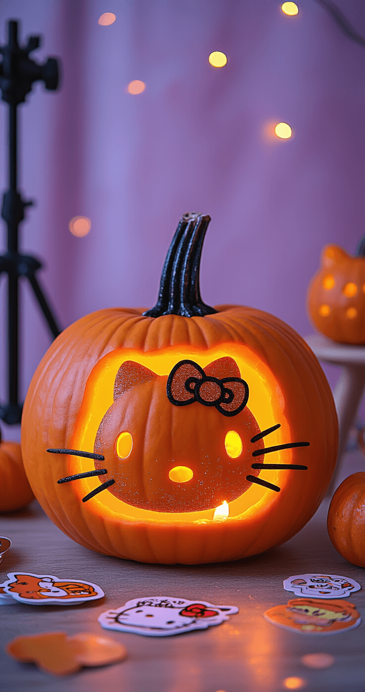 Styled photography of a finished Hello Kitty pumpkin, featuring warm orange illumination from a LED tea light, glitter accents, and Sanrio stickers against a soft purple and orange Halloween-themed backdrop, with professional lighting and an Instagram-worthy composition.