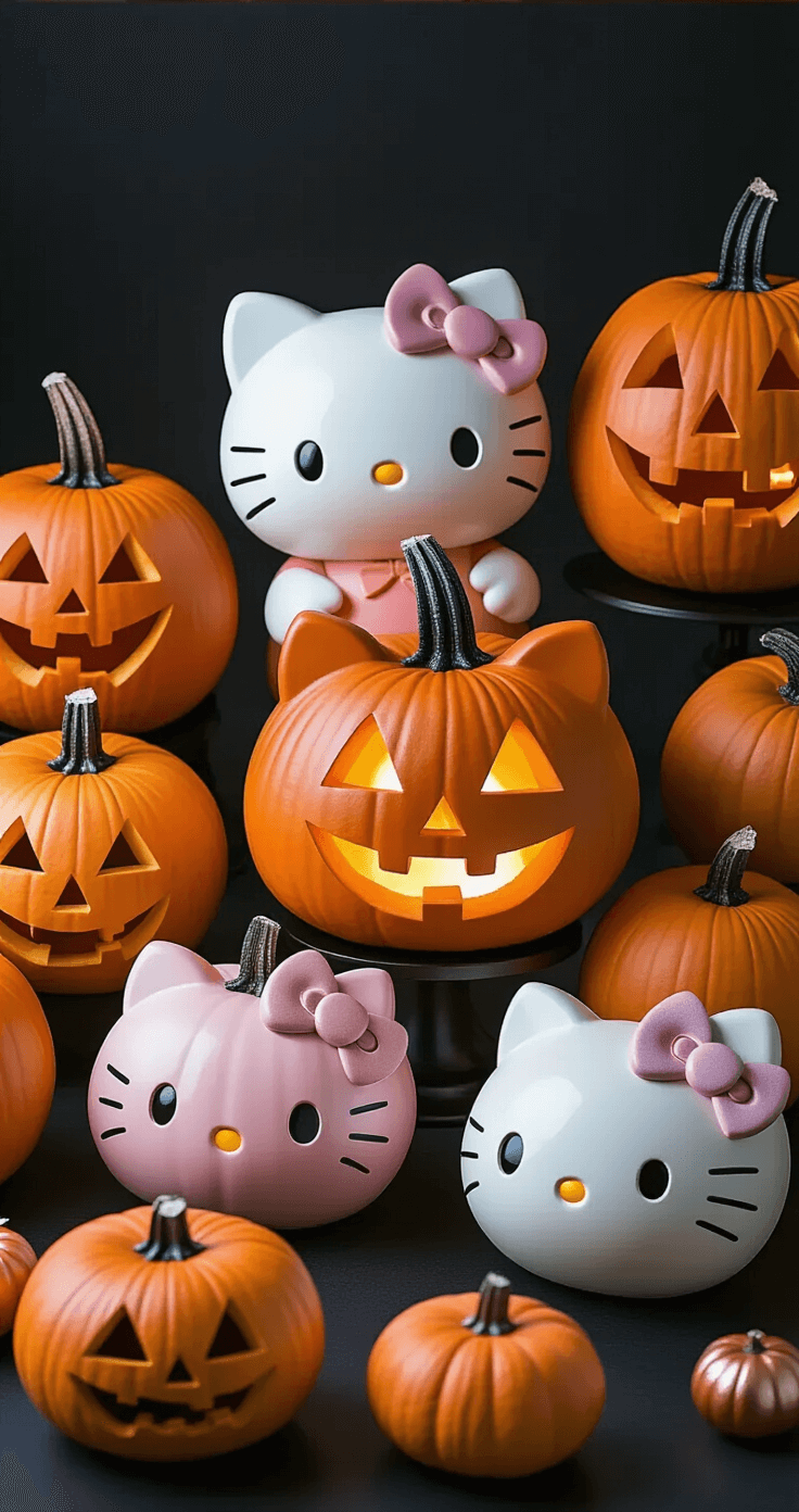 Professional product photography of various Hello Kitty pumpkin variations on a dark surface, showcasing different sizes and carving techniques with pastel paints and metallic accents, internally lit with warm LED lights, featuring softbox studio lighting for rich contrast against the dark background.